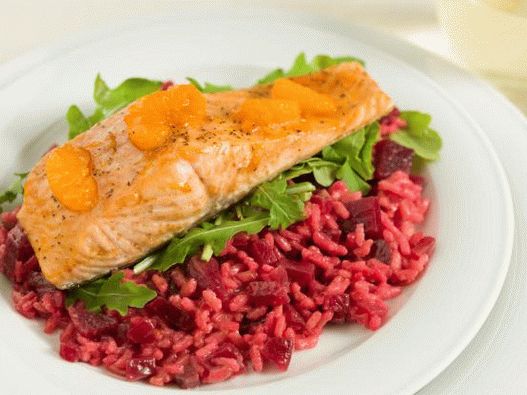 Photo, losos, do, mandarinka, glazúra, prostredníctvom, vankúš, od, cvikla, risotto
