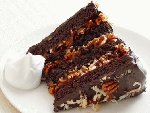 Fotografie nemecký čokoládový koláč s kokosom a polevou
