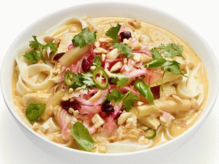 Foto kari polievka s kuracím mäsom, arašidmi a nakladanou zeleninou