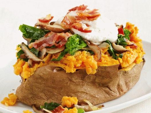 Sladké zemiaky s hubami Pancetta, Shiitake a Rapini